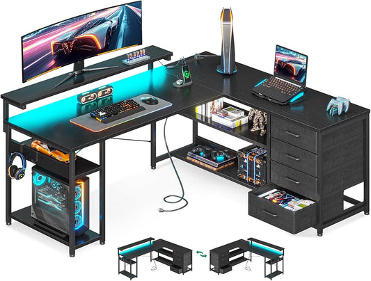 ODK L Shaped Desk with 4 Drawers, Corner Gaming Desk with LED Lights & Power Outlets, Reversible Home Office Computer Desk with Monitor Shelf,135 * 112.1 * 91.2cm, Black