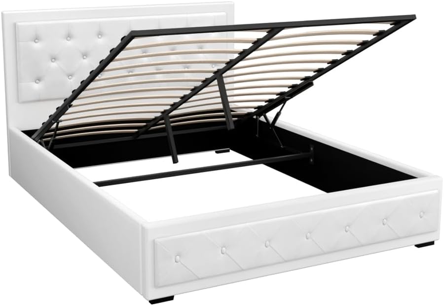 Artiss Queen Bed Frame Platform Tufted Headboard Frames Gas Lift Beds Base with Storage Space Bedroom Room Decor Home Furniture, Upholstered with Grey Faux Linen Fabric + Foam + Wood