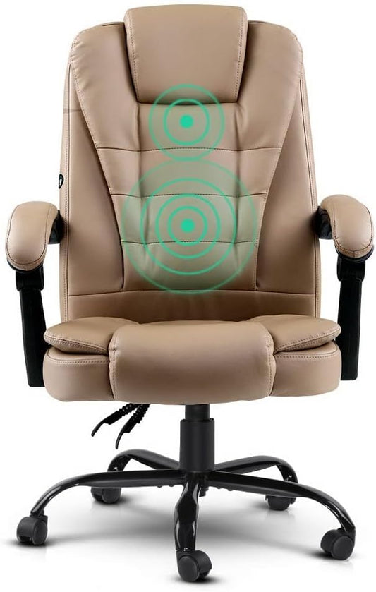 Artiss Massage Office Chair, PU Leather 2 Point Ergonomic Gaming Computer Desk Recliner Chairs Armchair for Room Executive Home, Adjustable Height 360° Rotation Beige