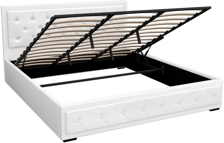 Artiss Queen Bed Frame Platform Tufted Headboard Frames Gas Lift Beds Base with Storage Space Bedroom Room Decor Home Furniture, Upholstered with Grey Faux Linen Fabric + Foam + Wood