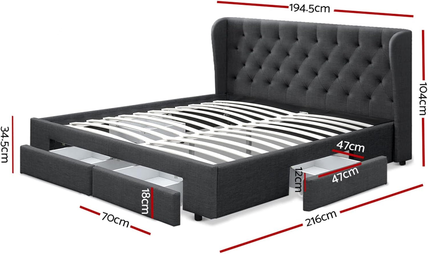 Artiss King Bed Frame Platform Wingback Headboard Frames Beds Base with 4 Storage Drawers Bedroom Room Decor Home Furniture, Upholstered with Charcoal Faux Linen Fabric + Foam + Wood
