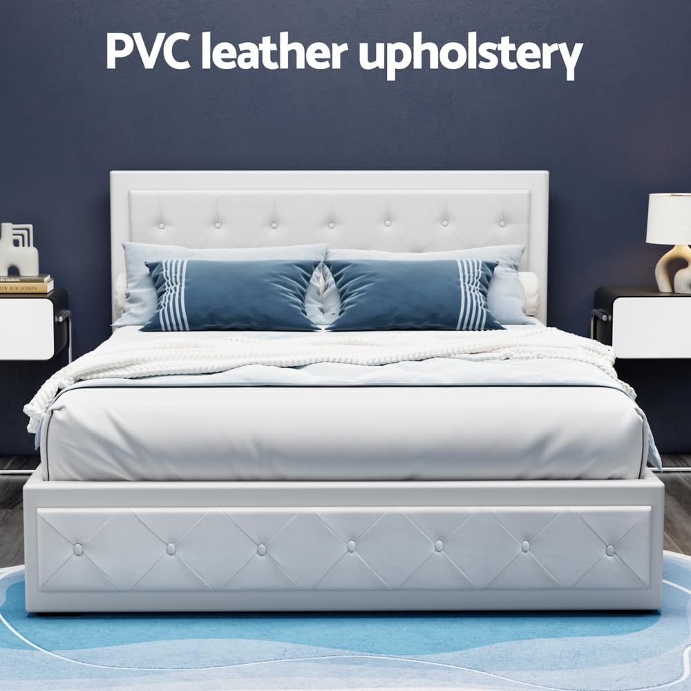 Artiss Queen Bed Frame Platform Tufted Headboard Frames Gas Lift Beds Base with Storage Space Bedroom Room Decor Home Furniture, Upholstered with Grey Faux Linen Fabric + Foam + Wood