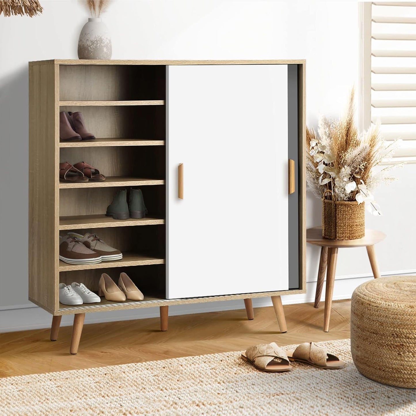 Oikiture Shoe Storage Cabinet with Rattan Door Wooden Shoe Rack with 7-Tiers Shoe Storage Shelves