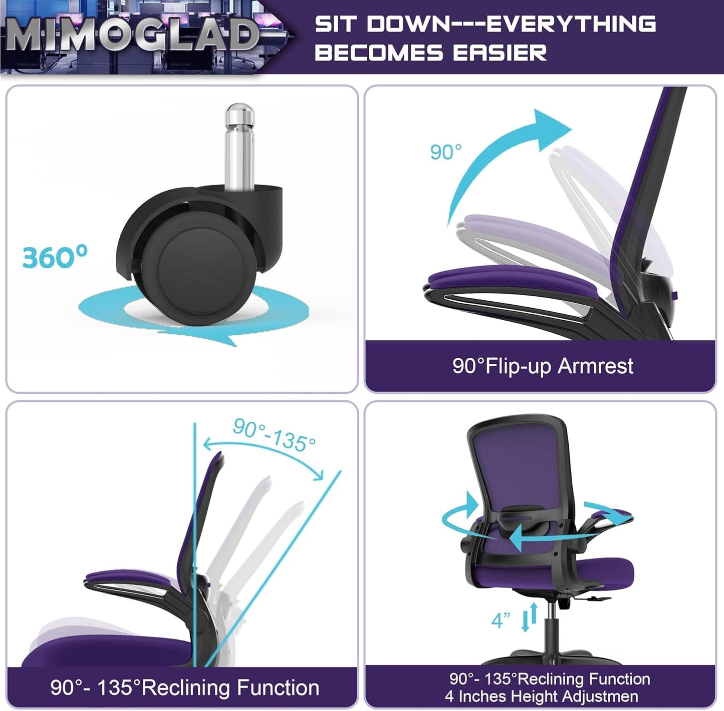 Office Chair, Ergonomic Desk Chair with Adjustable Lumbar Support, High Back Mesh Computer Chair with Flip-up Armrests-BIFMA Passed Task Chairs (Modern, All Black)