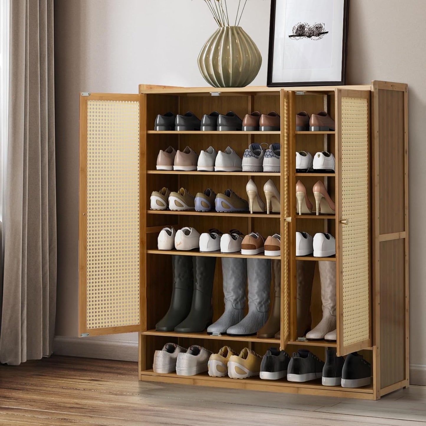 Oikiture Shoe Storage Cabinet with Rattan Door Wooden Shoe Rack with 7-Tiers Shoe Storage Shelves