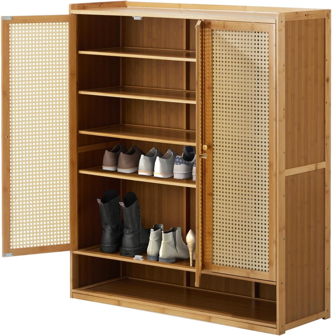 Oikiture Shoe Storage Cabinet with Rattan Door Wooden Shoe Rack with 7-Tiers Shoe Storage Shelves