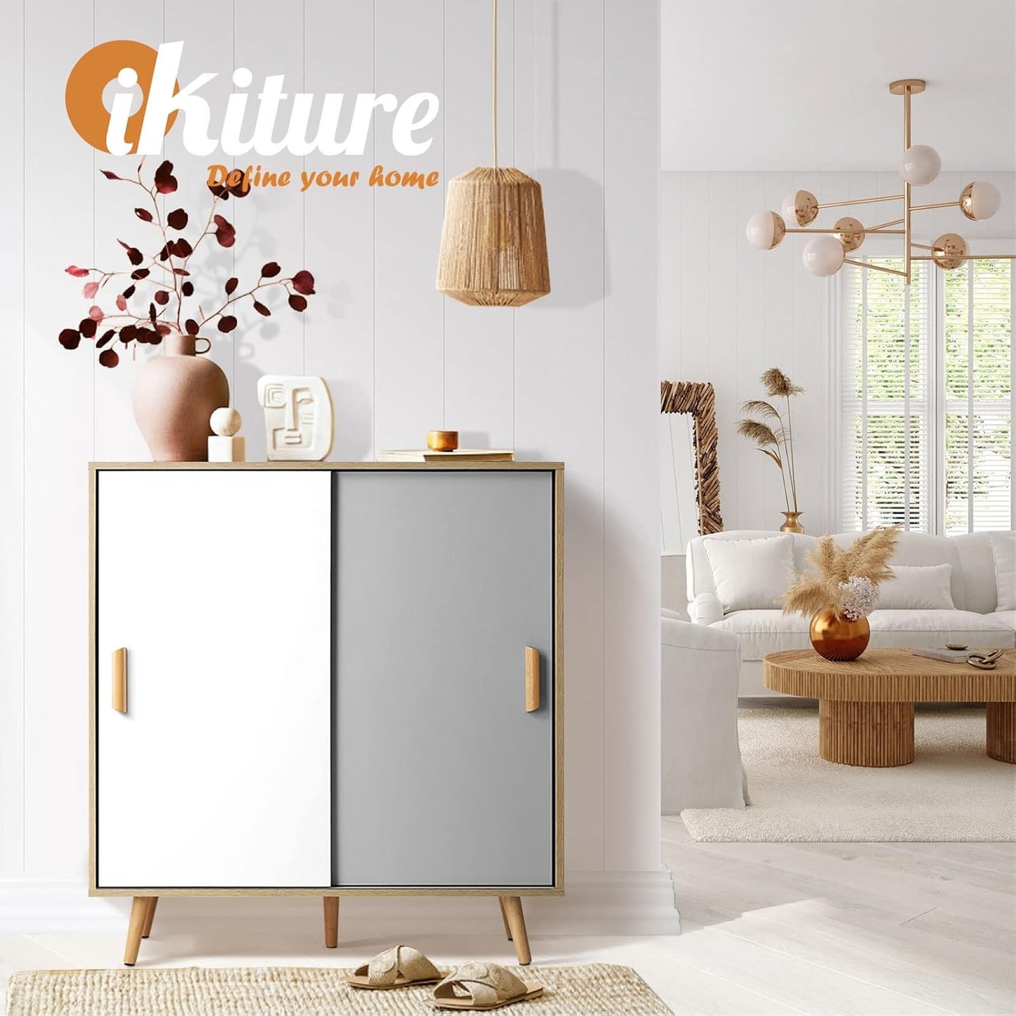 Oikiture Shoe Storage Cabinet with Rattan Door Wooden Shoe Rack with 7-Tiers Shoe Storage Shelves