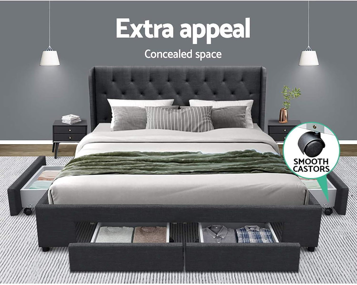 Artiss King Bed Frame Platform Wingback Headboard Frames Beds Base with 4 Storage Drawers Bedroom Room Decor Home Furniture, Upholstered with Charcoal Faux Linen Fabric + Foam + Wood