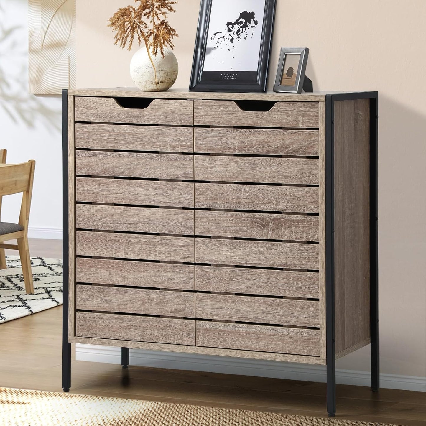 Oikiture Shoe Storage Cabinet with Rattan Door Wooden Shoe Rack with 7-Tiers Shoe Storage Shelves