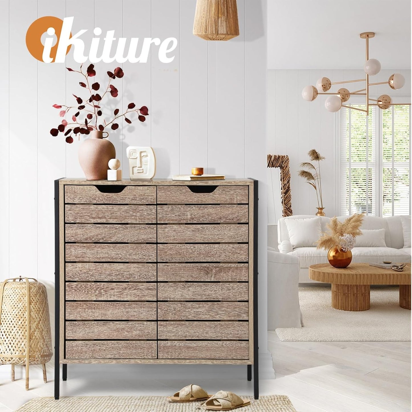 Oikiture Shoe Storage Cabinet with Rattan Door Wooden Shoe Rack with 7-Tiers Shoe Storage Shelves