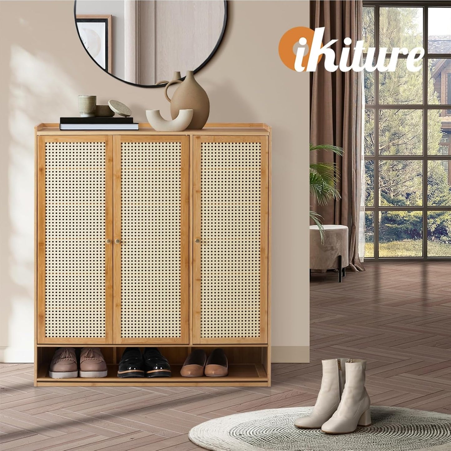 Oikiture Shoe Storage Cabinet with Rattan Door Wooden Shoe Rack with 7-Tiers Shoe Storage Shelves