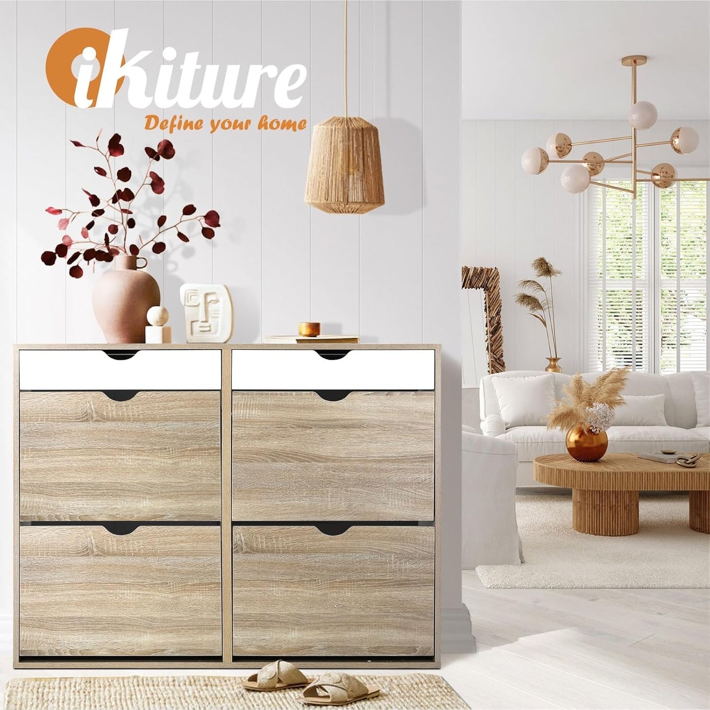 Oikiture Shoe Storage Cabinet with Rattan Door Wooden Shoe Rack with 7-Tiers Shoe Storage Shelves