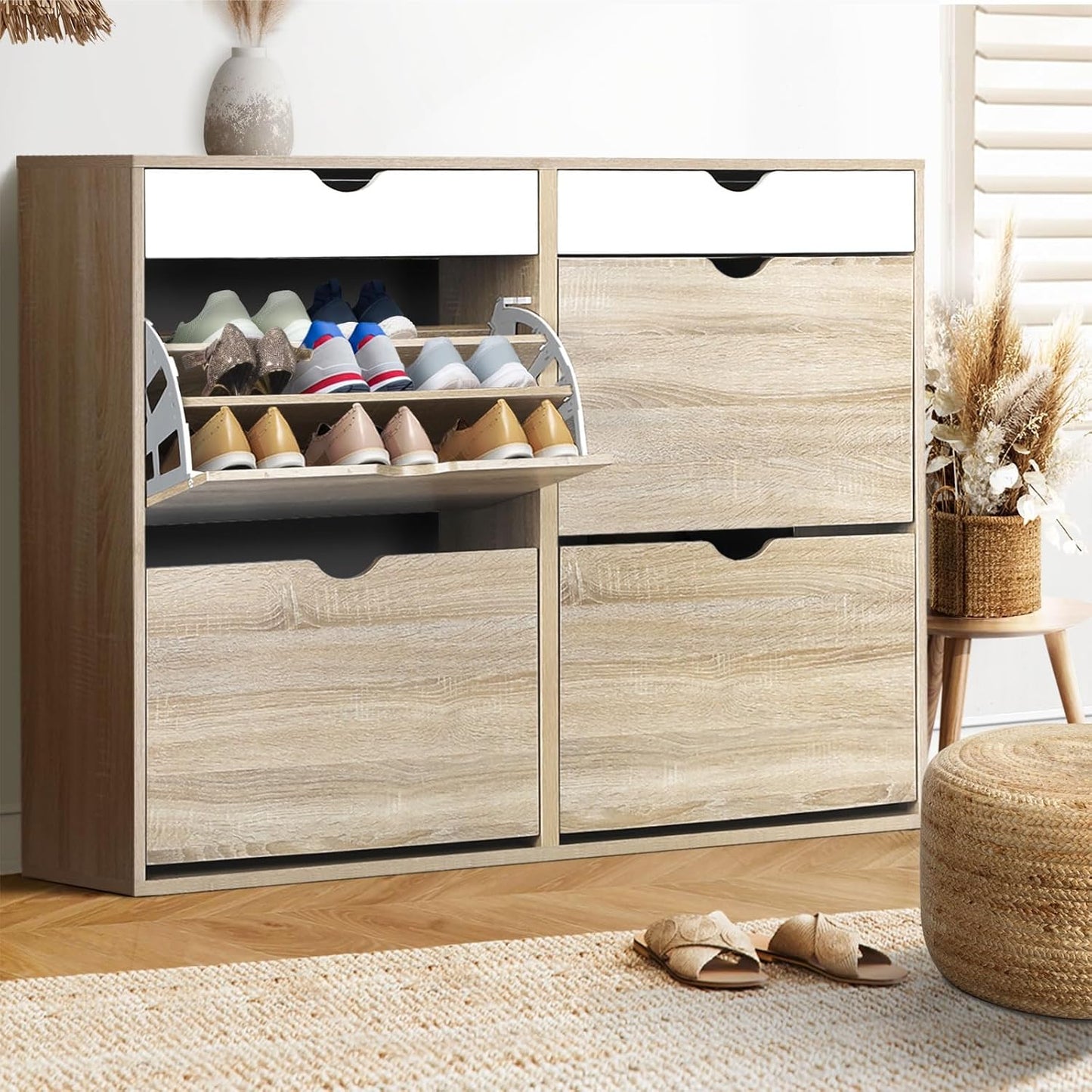 Oikiture Shoe Storage Cabinet with Rattan Door Wooden Shoe Rack with 7-Tiers Shoe Storage Shelves