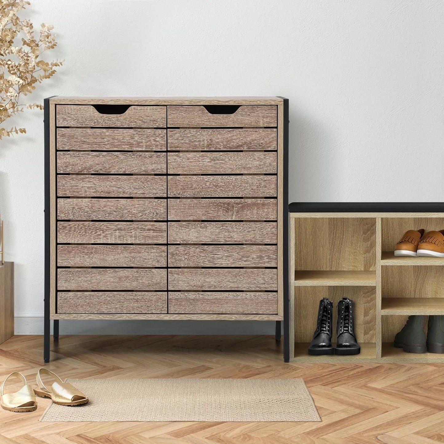 Oikiture Shoe Storage Cabinet with Rattan Door Wooden Shoe Rack with 7-Tiers Shoe Storage Shelves