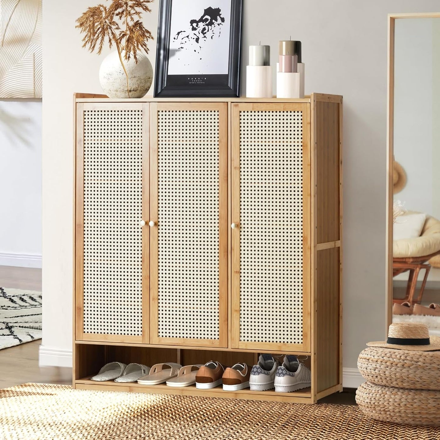 Oikiture Shoe Storage Cabinet with Rattan Door Wooden Shoe Rack with 7-Tiers Shoe Storage Shelves